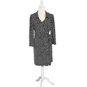 Laundry By Design Jersey Wrap Dress Black White Geometric Print 3/4 Sleeve Large